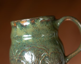 ginkgo leaf mug, speckled green, 14 oz mug, ceramics, hand-thrown pottery