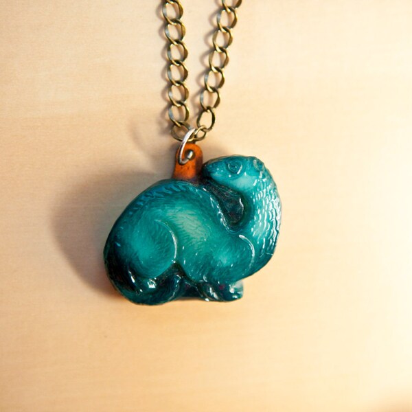 Ferret tagua nut Pendant, light blue teal, handcarved from tagua nut, ferret jewelry, weasel jewelry, animal art