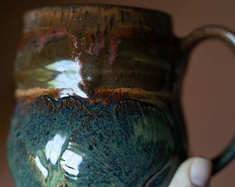 ginkgo leaf mug, blue and copper red, 12 oz mug, ceramics, hand-thrown pottery