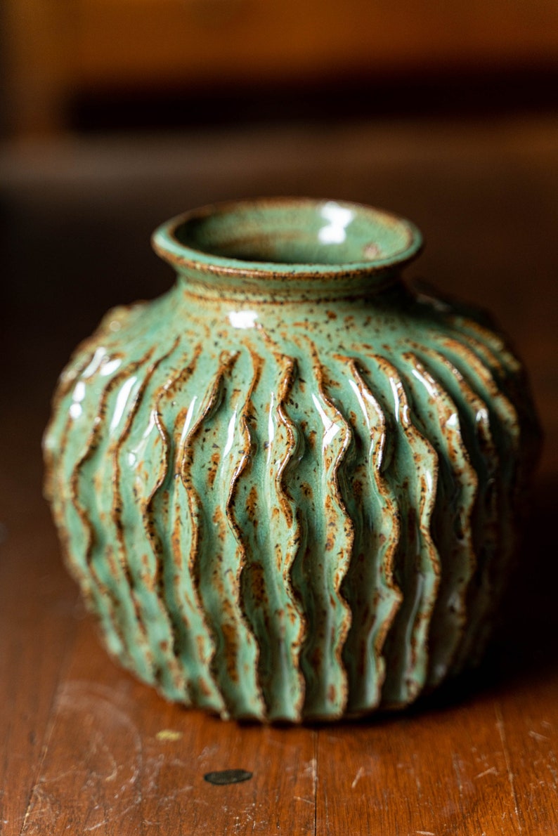 Cactus pot, hand thrown and carved pottery, hand made ceramics image 1