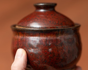 Coppery apothecary jar, lidded ceramic jar, hand thrown pottery