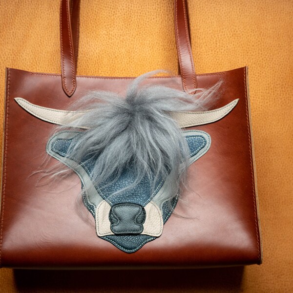 Highland Cow Tote, leather art tote, leather art, portrait