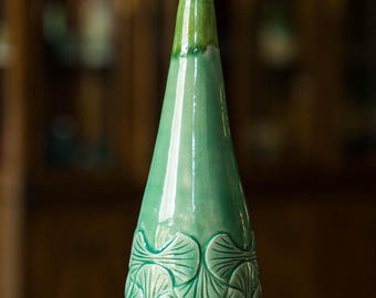 Geometric carved blue and green vase, hand carved pottery, ceramics