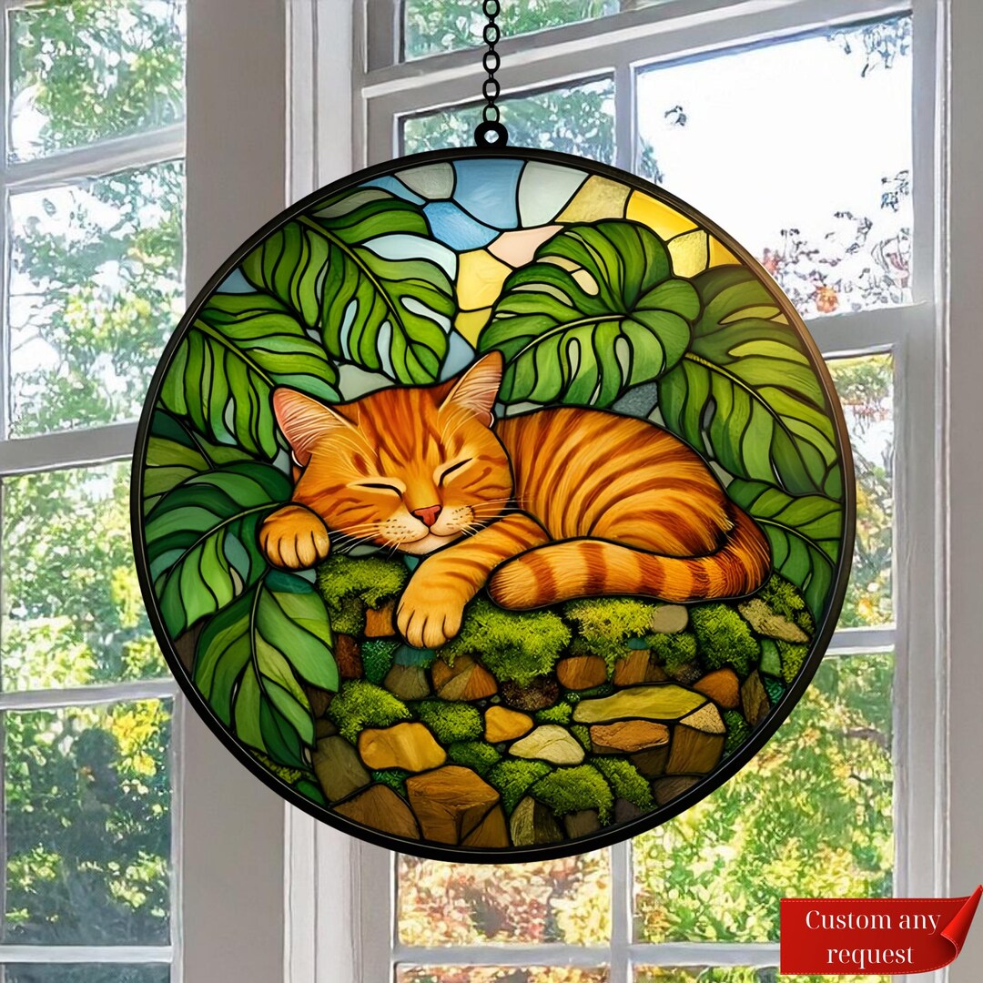 Stained Glass Orange Cat in Garden Suncatcher, Mosaic Sleeping Tabby ...
