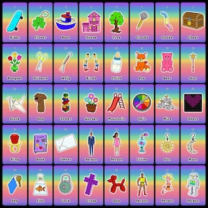 May include: A colorful illustration featuring 40 individual cards, each displaying a unique image and a corresponding word. The cards showcase a variety of objects, animals, and symbols, including a skateboard, clover, boat, house, and tree.