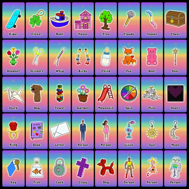 May include: A colorful illustration featuring 40 individual cards, each displaying a unique image and a corresponding word. The cards showcase a variety of objects, animals, and symbols, including a skateboard, clover, boat, house, and tree.