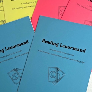 May include: A collection of instructional booklets titled Reading Lenormand, featuring a simple guide to the 36 cards, combinations, spreads, and reading tips. The booklets are printed on bright yellow, pink, and blue paper with black text and a line art illustration of two cards.