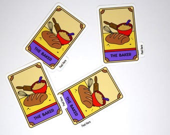 May include: Four rectangular stickers featuring a yellow background with a brown loaf of bread, a red bowl with a blue spoon, a whisk, and a rolling pin. Each sticker has a purple banner at the bottom with the text THE BAKER and a small tab labeled Peel Here.