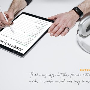 May include: A black tablet with the words "Analytics Tracker" is being used with a stylus. White headphones are on the right. The text reads: "Tried many apps, but this planner actually works - simple, visual, and easy to use."