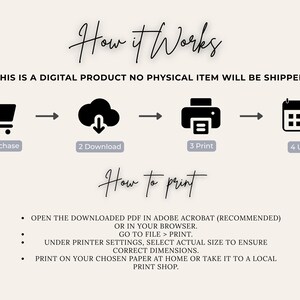 May include: Cream-colored graphic with the text "How it Works" and instructions for a digital product: purchase, download, print, and use. Includes printing instructions and a note that no physical item will be shipped.