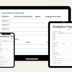 May include: A digital marketing analytics tracker displayed on a laptop, tablet, and smartphone. The screens show a platform overview with fields for platform, followers, reach, and engagement rate. The text "Analytics Tracker" is visible.