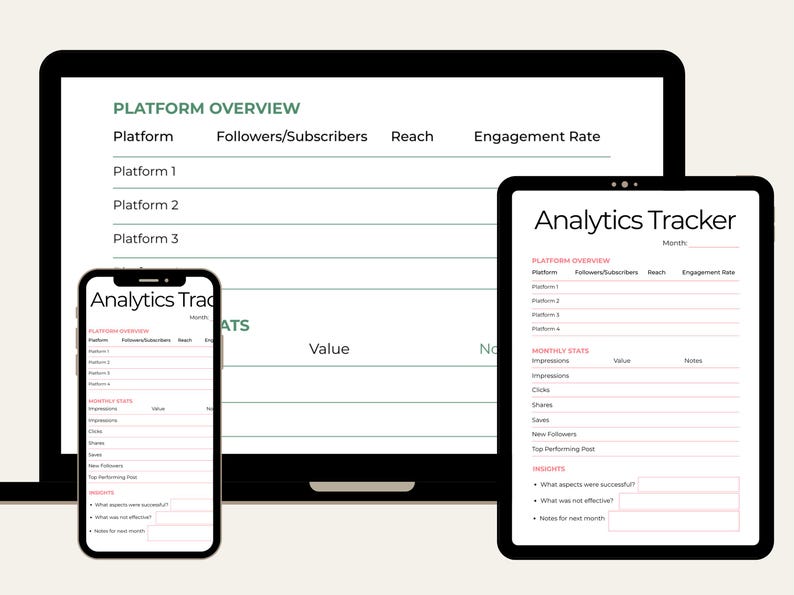 May include: A digital marketing analytics tracker displayed on a laptop, tablet, and smartphone. The screens show a platform overview with fields for platform, followers, reach, and engagement rate. The text "Analytics Tracker" is visible.