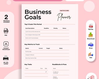 Business Goals Planner, Productivity Organizer, Goal Setting Template (PDF)