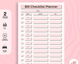 Bill Checklist Planner, Monthly Payment Tracker, Budget Worksheet (PDF Download)