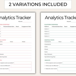 May include: Two white printable "Analytics Tracker" sheets. Each sheet has a header with the title and a space for the month. The sheets include sections for platform overview, monthly stats, and insights.