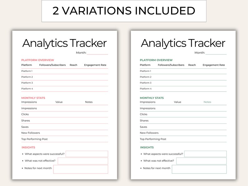 May include: Two white printable "Analytics Tracker" sheets. Each sheet has a header with the title and a space for the month. The sheets include sections for platform overview, monthly stats, and insights.