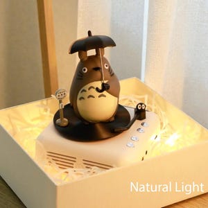 Pu&ograve; includere: Una statuetta decorativa di Totoro con un ombrello, sopra un altoparlante bianco con un braccio di giradischi nero. L'altoparlante &egrave; all'interno di una scatola bianca con luci fatate. Il testo "Natural Light" &egrave; visibile.