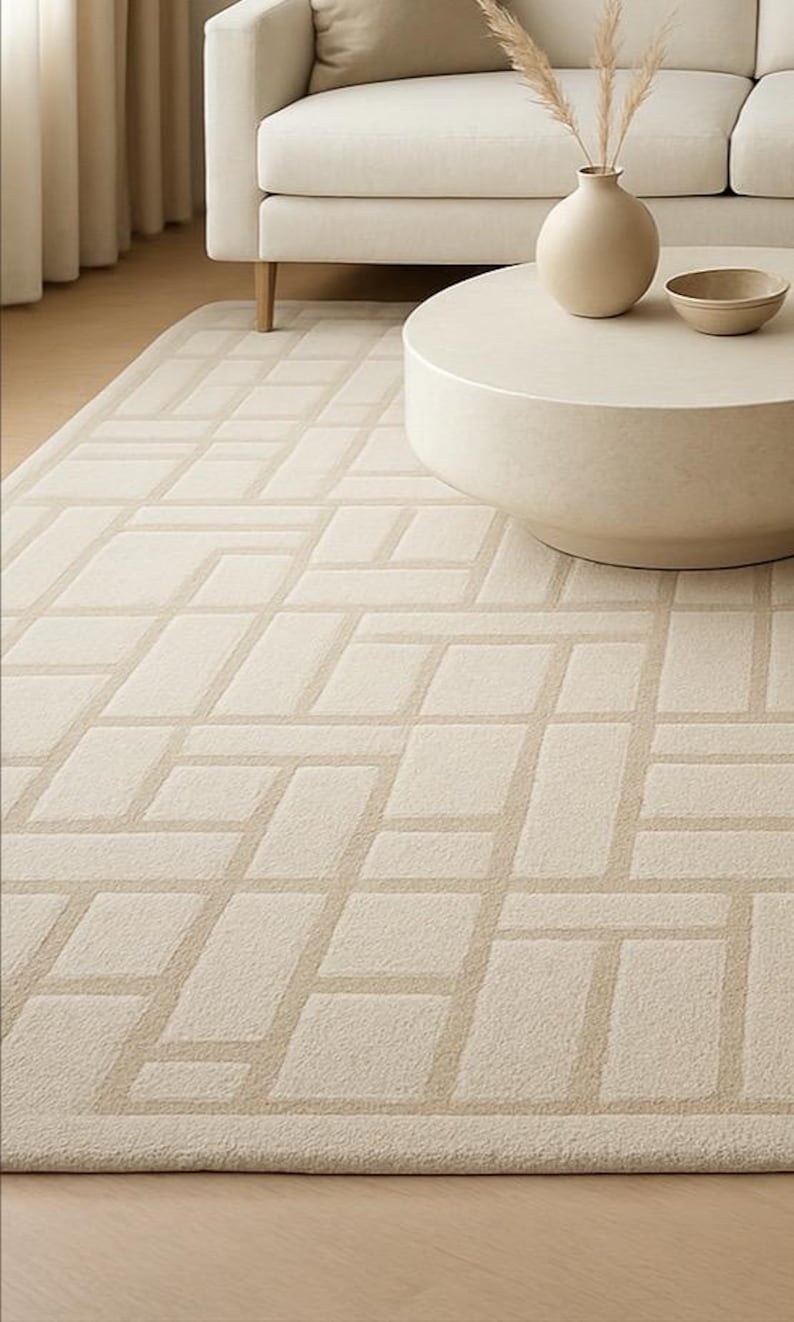 Hand-tufted Beige Wool Rug | Modern Geometric, Minimalist Carpet - Etsy