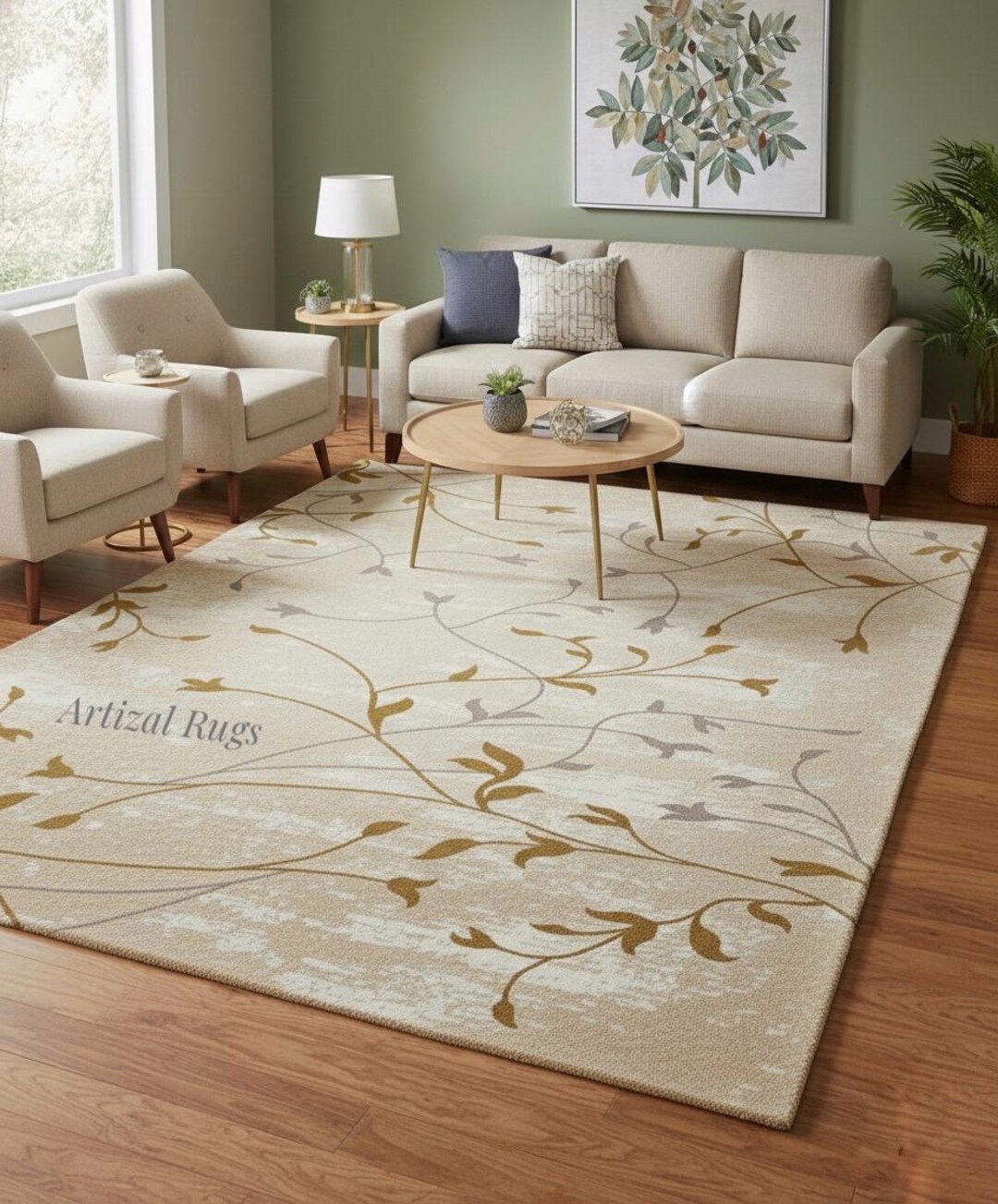 Hand Tufted Beige Floral Area Rug – Modern Botanical Design - Etsy
