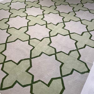 Moderner Salbeigrüner Teppich | Handgewebter Geometrischer Flachgewebe Teppich | Teppich im marokkanischen Stil
