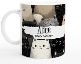 Taza personalizada de la Señora Loca de los Gatos, taza de café ilustrada, regalo de Navidad o cumpleaños