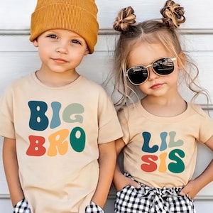 Custom Big Bro Big Sis Lil Bro Lil Sis Matching Sibling Shirts, Groovy Font Shirt, Retro Brother Sister T-Shirts, Family Announcement Outfit