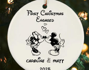 Disney First Christmas Engaged Ornament, Personalized Minnie & Mickey Kissing Christmas Ornament, Engaged, Married Christmas Bauble