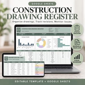 May include: A Google Sheets construction drawing register template displayed on a laptop and tablet screen. The interface features a project overview, status tracking charts, revision logs, and a detailed drawing register table.