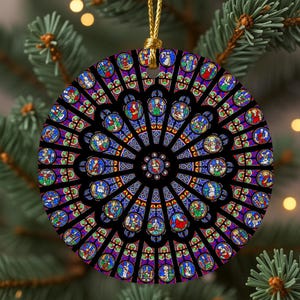 May include: Circular Christmas decoration with a stained-glass effect, displaying a central rosette and symmetrical patterns. The ornament is rich in colours, including blue, red, green, and purple, with a gold hanging cord.