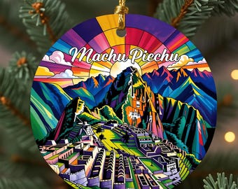 Machu Picchu Christmas Ornament, Peru Travel Souvenir Ceramic Ornament, Colorful Stained Glass Style Holiday Tree Decor Gift