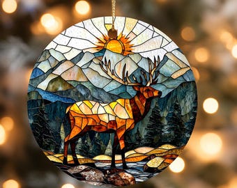 Deer Stained Glass Ornament, Round Mountain Sunset Suncatcher, Rustic Nature Ceramic Hanging Decor, Woodland Elk Gift