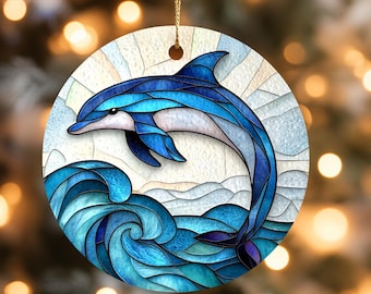 Adorno de vitral con forma de delfín, atrapasol redondo con olas azules del océano, colgante de pared costero, regalo para amantes de la playa.