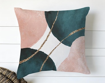 Abstract Geometric Pillow Cover, Teal Blush Gold Accent, Modern Home Decor