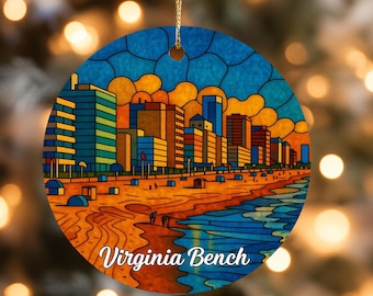 Ozdoba świąteczna Virginia Beach, ceramiczna dekoracja choinkowa w stylu witrażu, kolorowy upominek z panoramą nadmorskiego miasta