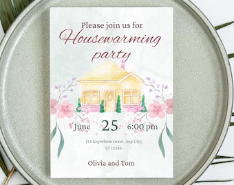 Printable Housewarming Invitation, Floral Watercolor Canva Template, Editable New Home Party Invite, Instant Download Invitation
