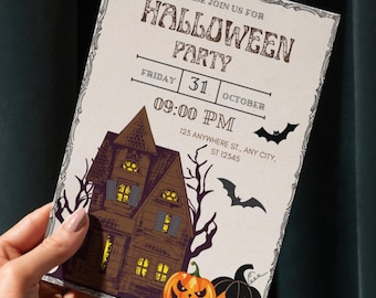 Editable Halloween Party Invitation Template, Printable Canva Invite, Spooky Haunted House, Instant Download Halloween Invite