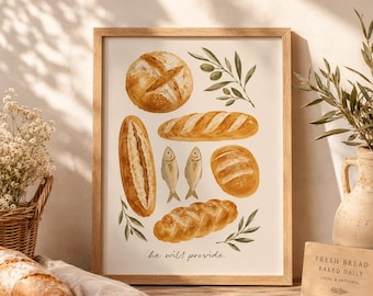 Pan y pescado, lámina cristiana para pared, Él proveerá, decoración bíblica para la cocina, arte mural de estilo rústico con temática religiosa, regalo religioso
