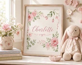 Lámina decorativa floral personalizada para la habitación del bebé, arte de pared personalizado para niña, letrero con nombre de flor rosa, regalo de decoración botánica para la habitación infantil.