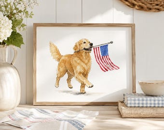Golden Retriever American Flag Print, Patriotic Dog Wall Art, 4th of July Golden Retriever Poster, USA Dog Lover Gift