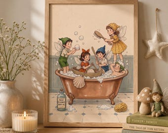 Decoración de pared vintage con hadas para el baño, lámina infantil de hadas caprichosas, decoración cottagecore para habitación infantil, ilustración de hadas de cuento de hadas