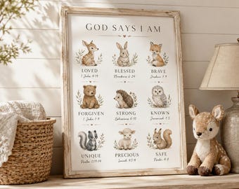 Lámina infantil "Dios dice que yo soy", arte mural cristiano para habitación infantil, decoración de habitación de bebé con versículo bíblico, póster con versículo bíblico de animales del bosque