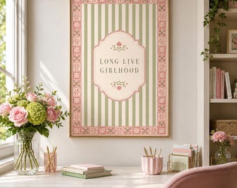 Cuadro decorativo "Viva la feminidad", decoración con lazo coqueto, lámina con cita floral vintage, póster shabby chic rosa y verde, decoración femenina para el dormitorio.