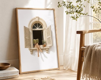 Cuadro de mujer leyendo en la ventana, lámina minimalista para amantes de los libros, decoración para un rincón de lectura acogedor, obra de arte de estética neutra, regalo literario.