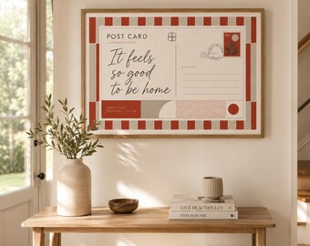 Arte mural de postales vintage, lámina de correspondencia retro, póster "Se siente tan bien estar en casa", decoración moderna de mediados de siglo para el hogar, lámina artística a rayas