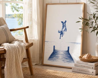 Cuadro decorativo de perro feliz saltando desde un muelle, lámina de perro costero, decoración para casa de lago, arte minimalista de mascotas, póster náutico para casa de playa.