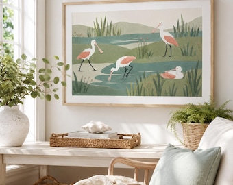 Lámina decorativa de cuatro garzas, póster de paisaje costero con aves, decoración de naturaleza de humedales, obra de arte de estilo cottagecore para sala de estar.