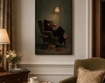 Cuadro decorativo acogedor para leer, lámina de mujer leyendo un libro, decoración literaria con un toque melancólico, regalo para amantes de los libros, obra de arte vintage para un rincón de lectura, póster de estilo Dark Academia.