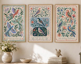 Conjunto de 3 láminas decorativas de pájaros coloridos, láminas botánicas de aves, decoración vintage estilo cottagecore, colección de arte mural de estilo rústico francés.