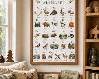 Hunting Alphabet Poster, Woodland Nursery Wall Art, Outdoor ABC Learning Print, Rustic Hunting Nursery Decor, Little Hunter Baby Room Poster