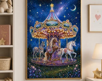 Hand Drawn Carousel Horse Wall Art, Vintage Merry Go Round Painting, Whimsical Nursery Decor, Fantasy Horse Print, Fairytale Kids Room Art